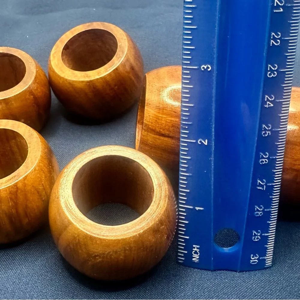Vintage Mid-Century Modern Wooden Napkin Ring Set - 10 Piece